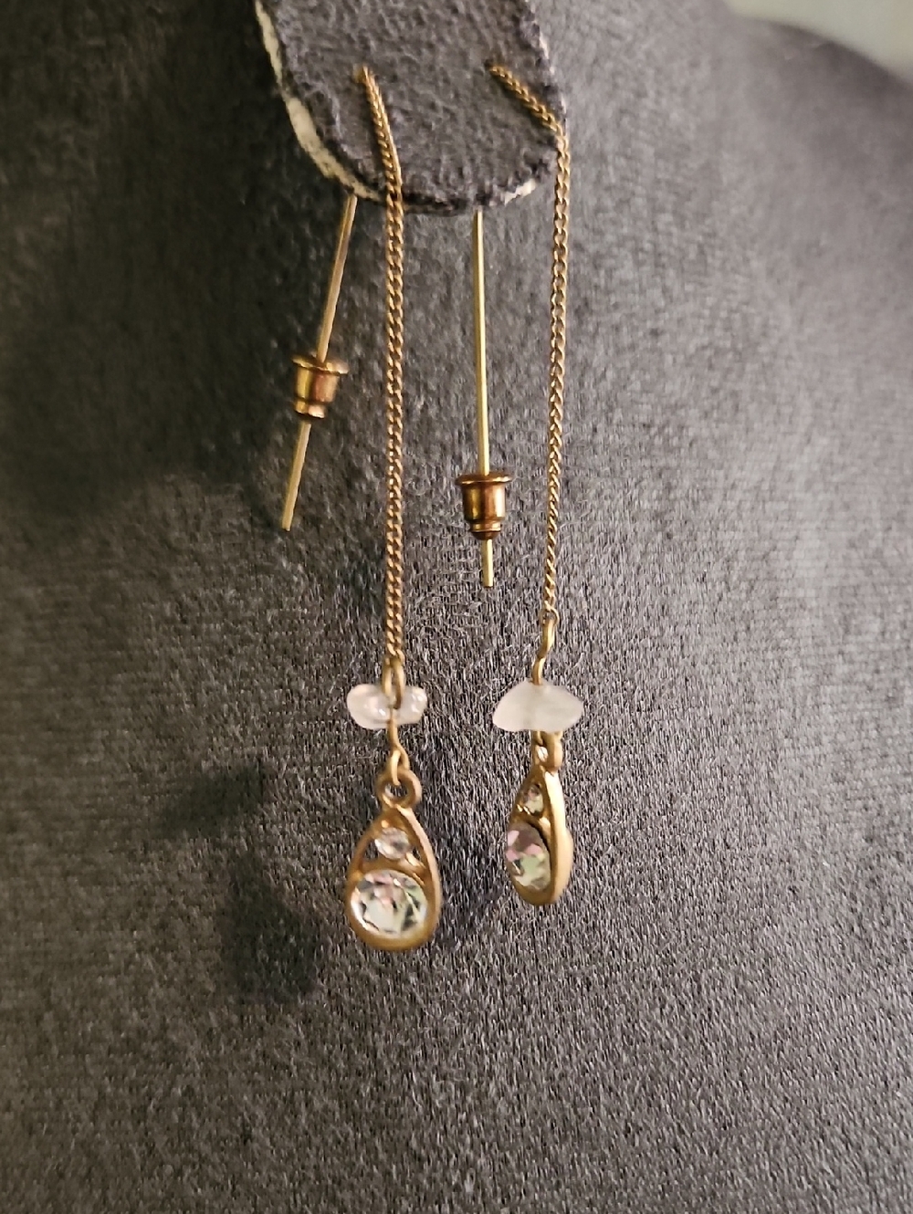Gold Drop Threader Earrings with Clear Crystal Accents
